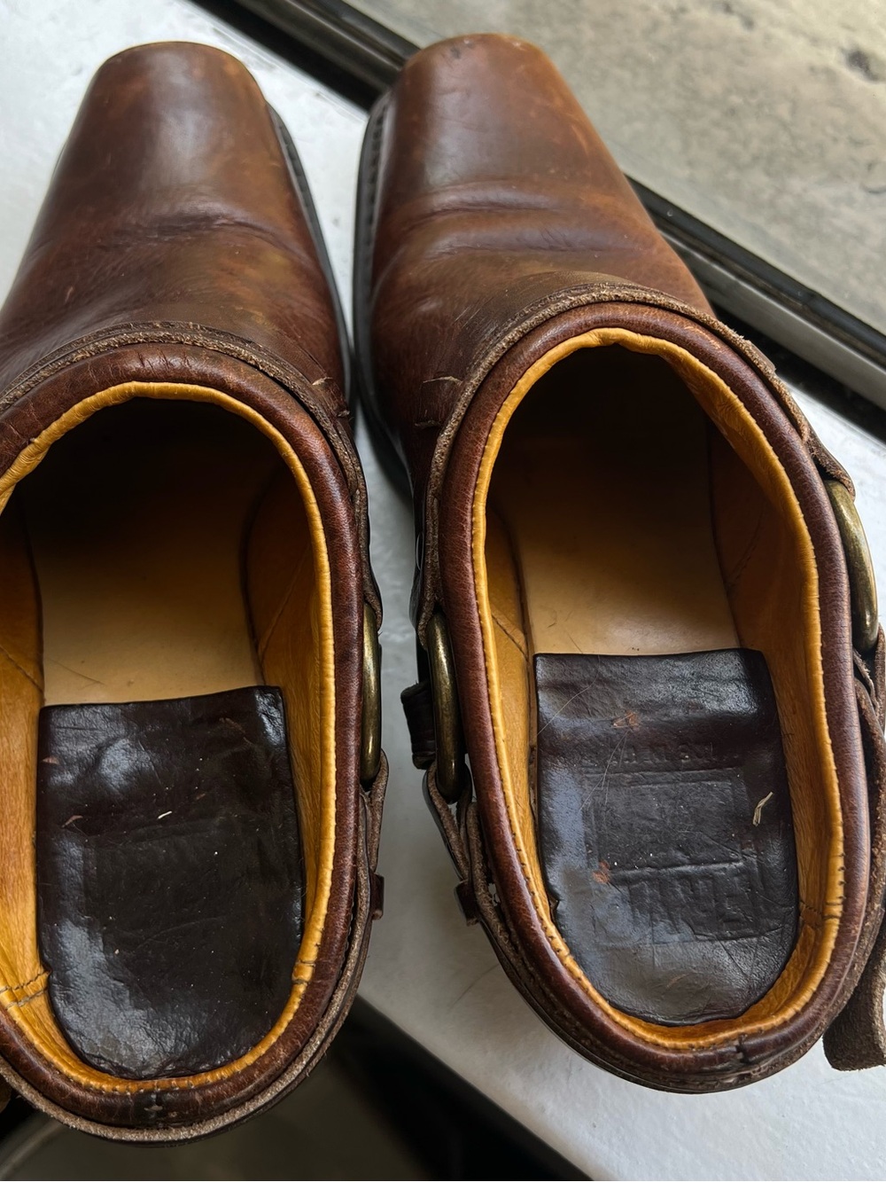 Women’s Frye Brown Leather Slip-On Harness Boot Mules - Picture 2 of 4